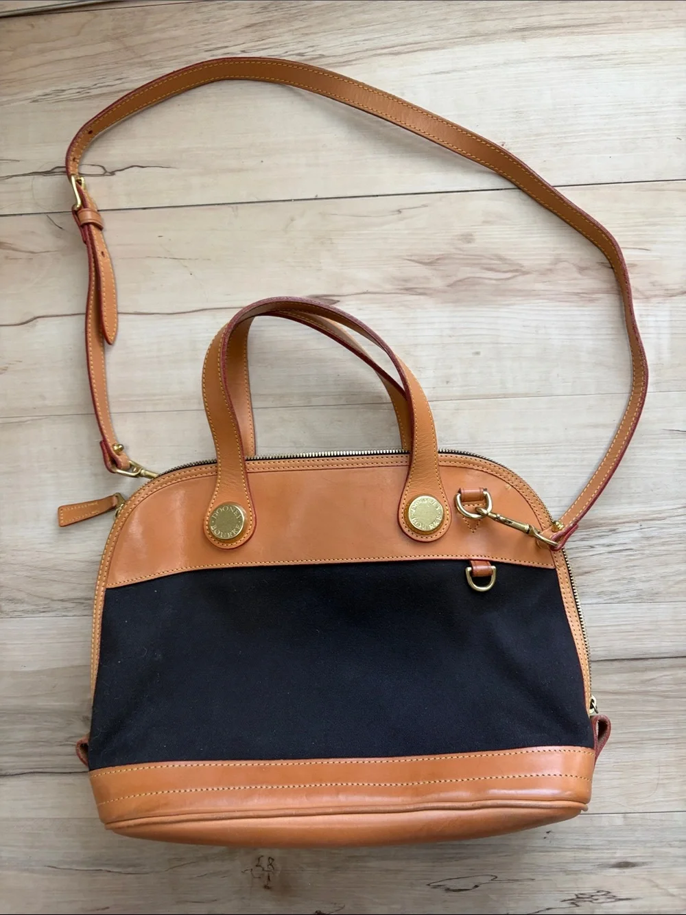 Dooney & Bourke Black Canvas with Tan Leather Crossbody Satchel